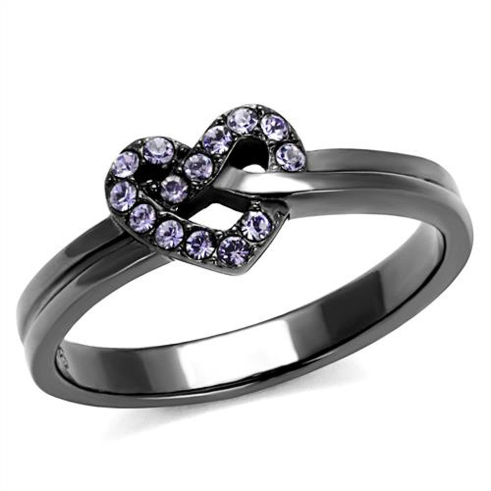 Light Black Stainless Steel & Light Amethyst Crystal Fashion Ring Women's Sz 5-10