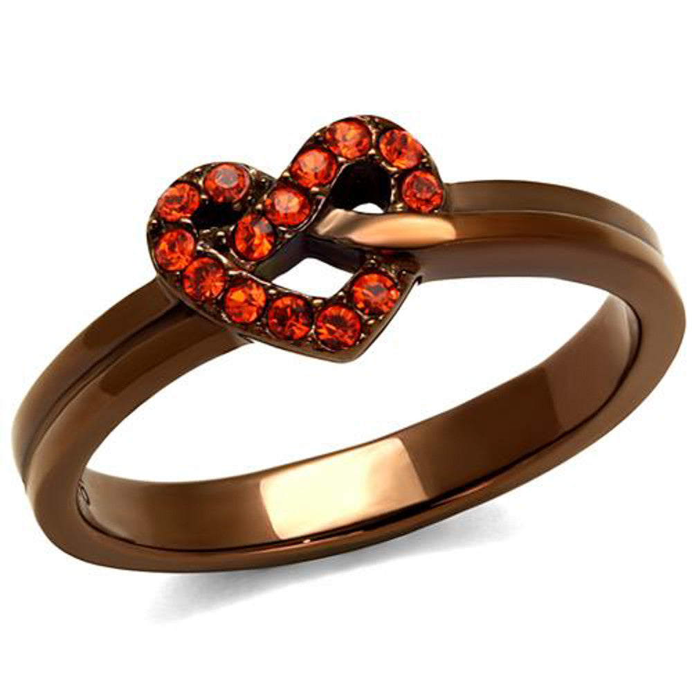 Light Coffee Stainless Steel & Orange Crystal Heart Fashion Ring Womens Sz 5-10