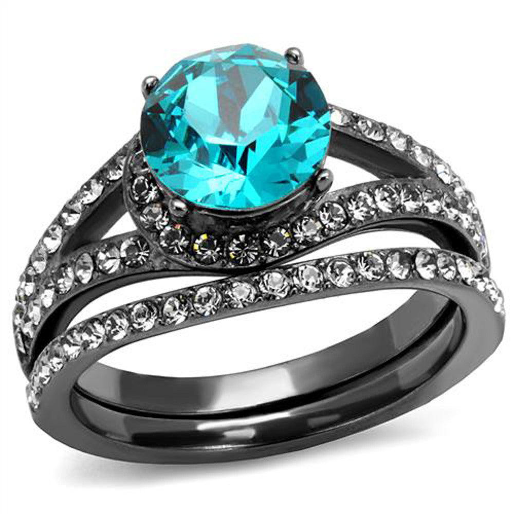 ARTK2744 Womens 2.39 Ct Blue Zircon Crystal Gray Stainless Steel Wedding Ring Set Sz 5-10