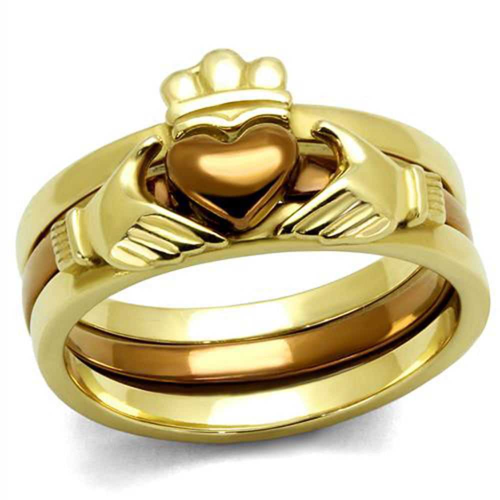 Two-toned Gold & Brown Stainless Steel Claddagh Fashion Ring Women's Size 5-10