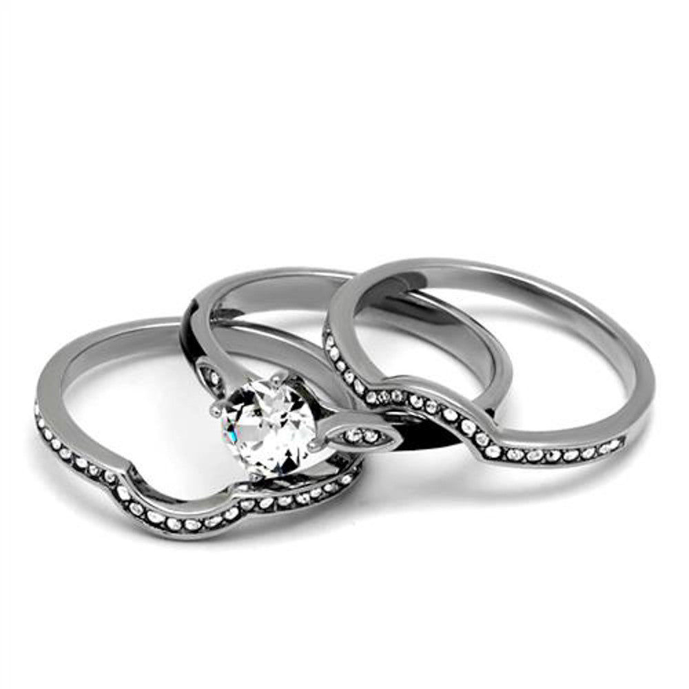 Stainless Steel 1.1 Ct Round Cut Zirconia 3pc Wedding Ring Set Women's Size 5-10