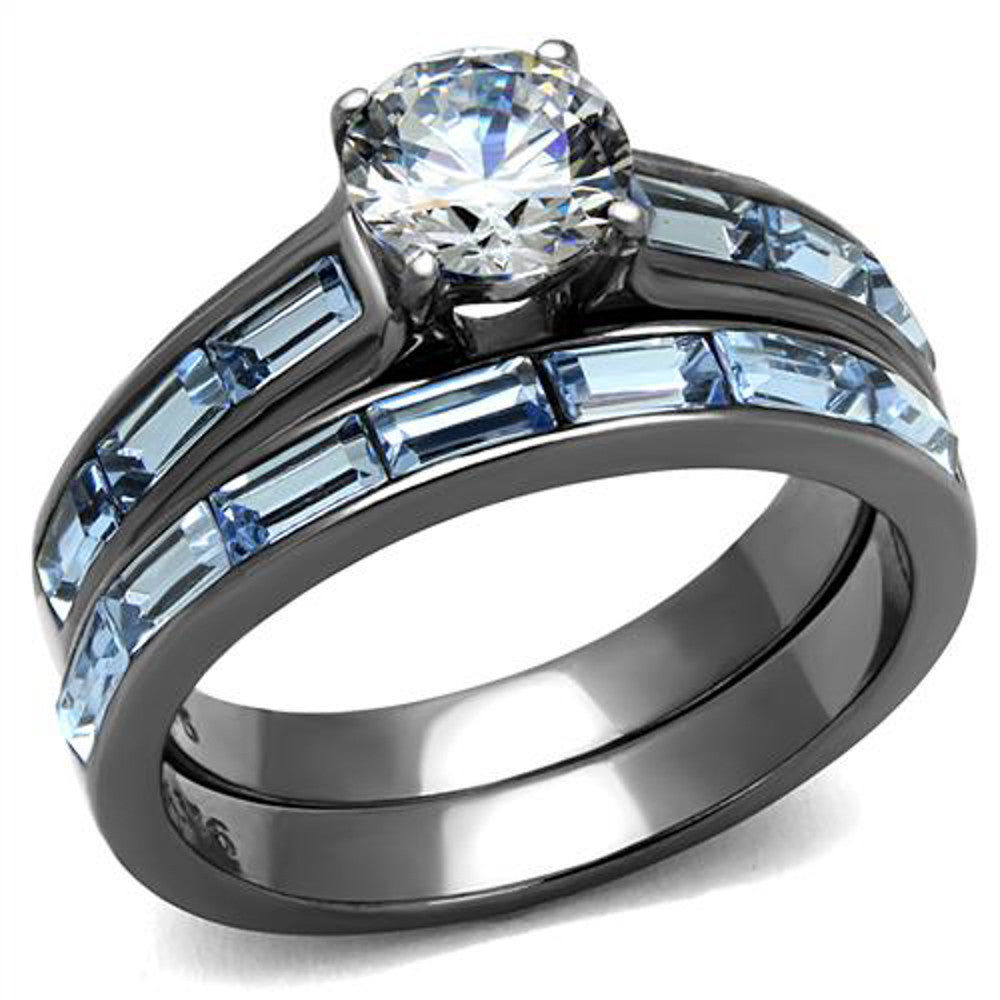 2.85Ct Clear & Sea Blue Cz Gray Stainless Steel Wedding Ring Set Women's Sz 5-10