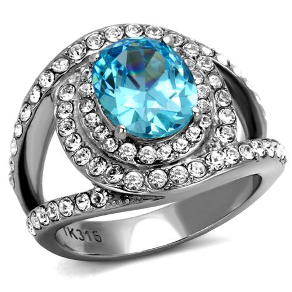 3.68 Ct Oval Cut Sea Blue CZ Stainless Steel Halo Cocktail Ring Women's 5-10