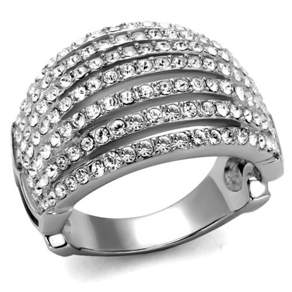 Black & Silver Epoxy Stainless Steel Crystal Cocktail Ring – Wide Band For Women Sizes 5-10