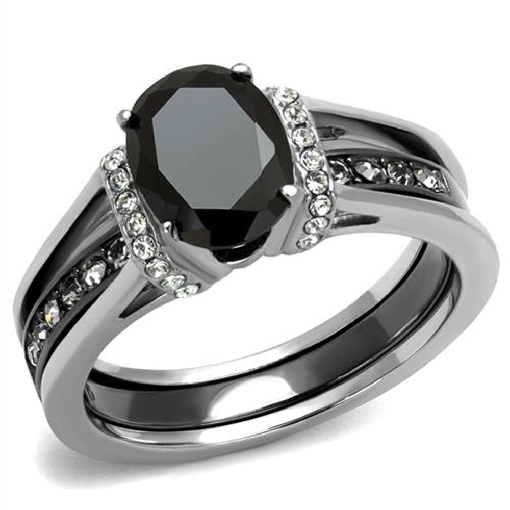 2.12 Ct Oval Cut Black Cz Two Toned Ion Plated Stainless Steel Wedding Ring Set