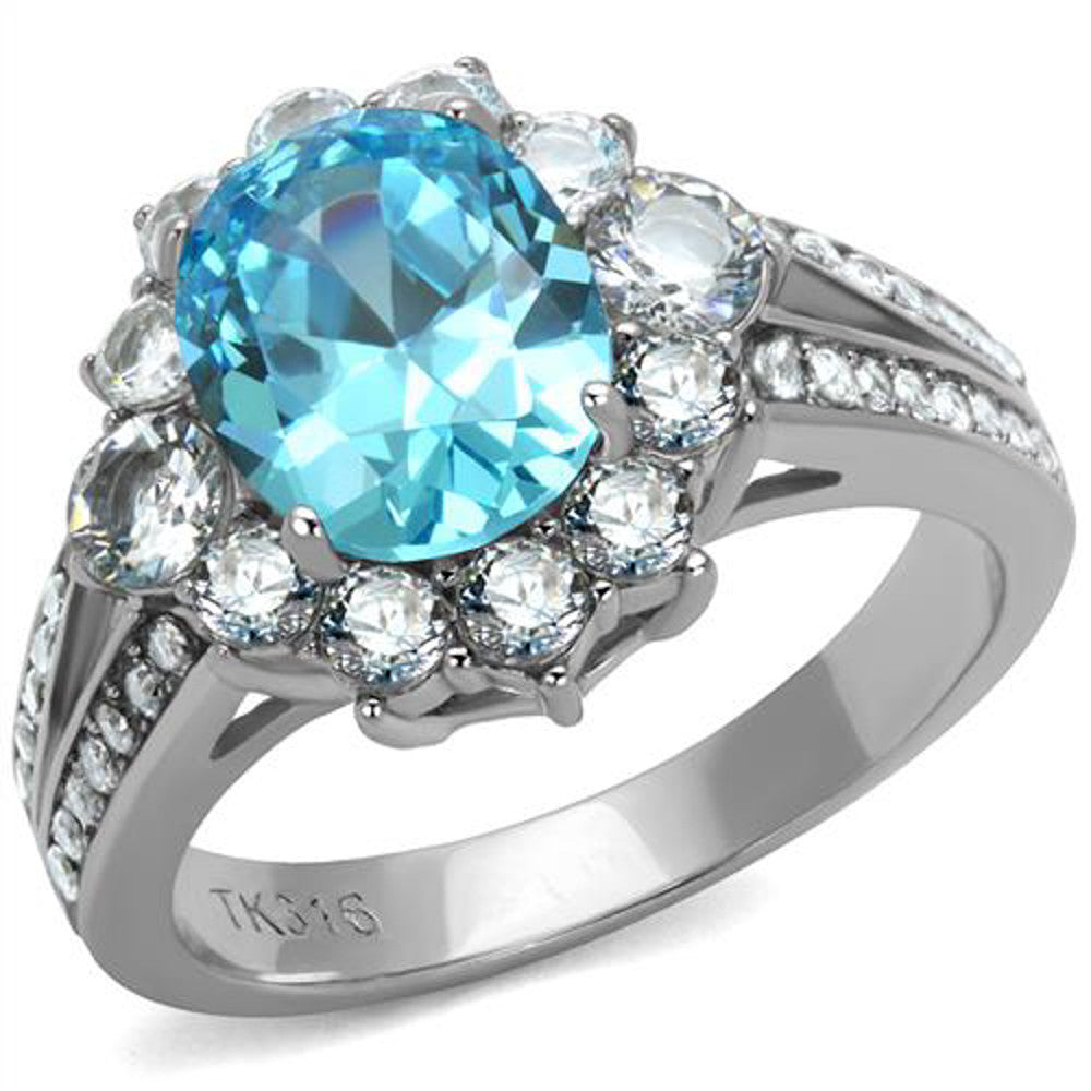Women's 3.58 Ct Oval Cut Sea Blue CZ Stainless Steel Halo Engagement Ring 5-10