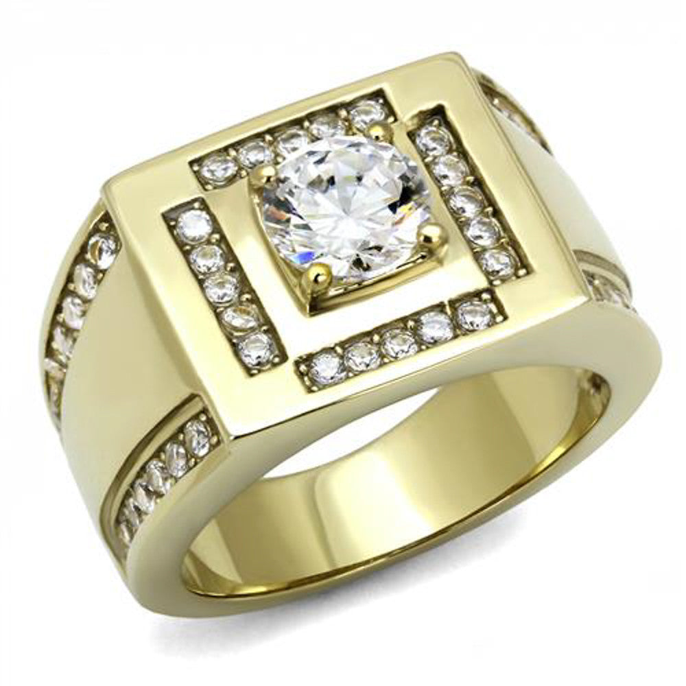 Men's 1.8 Ct Round Cut Cz 14K Gold Plated Stainless Steel Fashion Ring Size 8-13