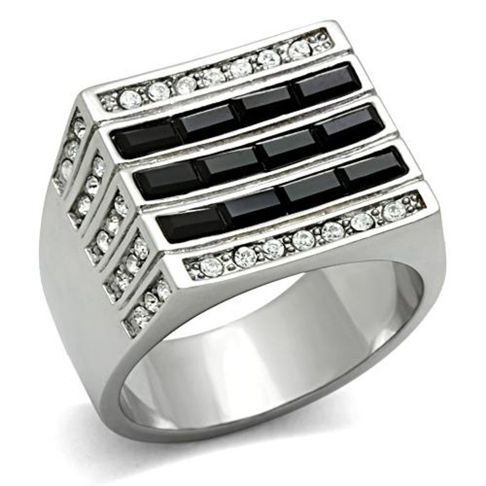 Stainless Steel Men's 3.5 Ct Black & Clear Faux Diamond Silver Ring Sizes 8-13