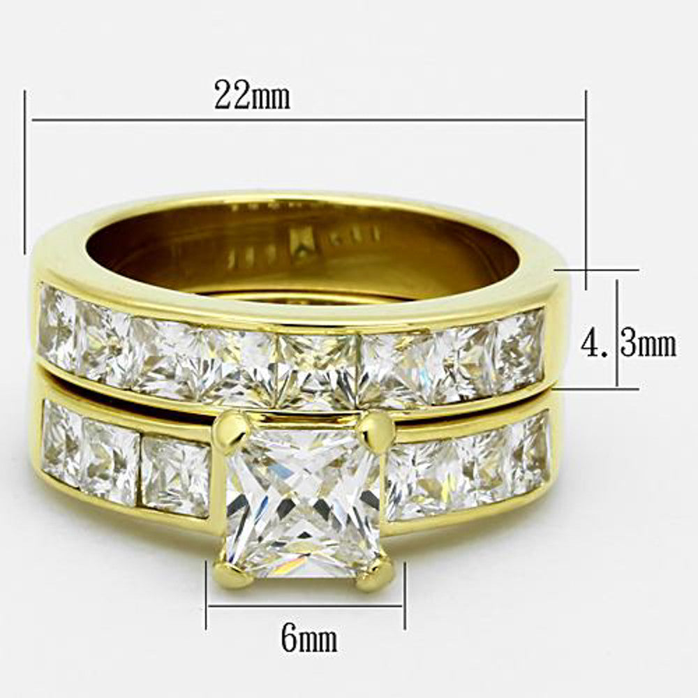 ARTK61206G Stunning Princess Cut CZ 14k GP Stainless Steel Wedding Ring Set Women's Sz 5-11