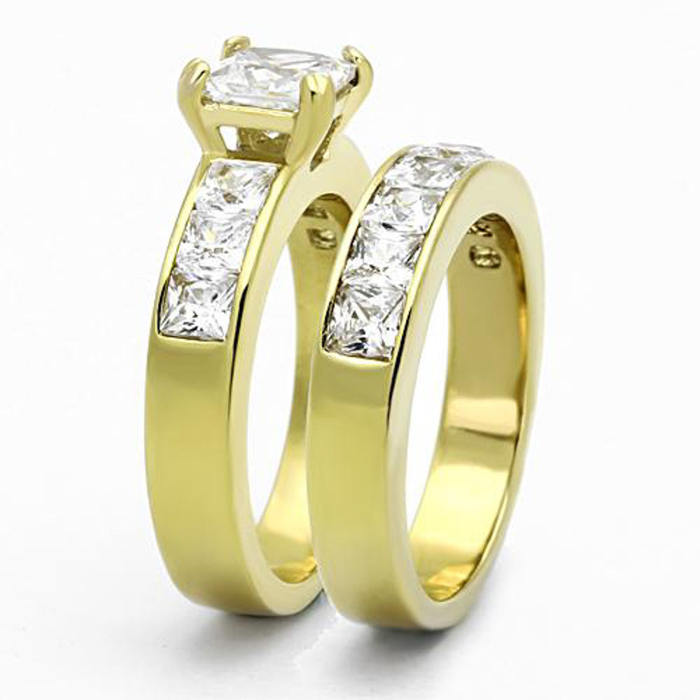 ARTK61206G Stunning Princess Cut CZ 14k GP Stainless Steel Wedding Ring Set Women's Sz 5-11