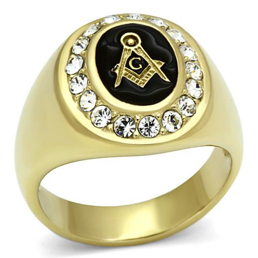 Men's Stainless Steel 14k Gold I.P. Crystal Masonic Freemason Ring Band Sz 8-13