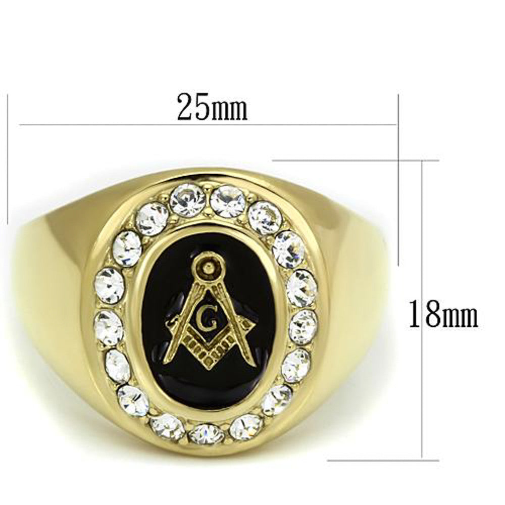 Men's Stainless Steel 14k Gold I.P. Crystal Masonic Freemason Ring Band Sz 8-13