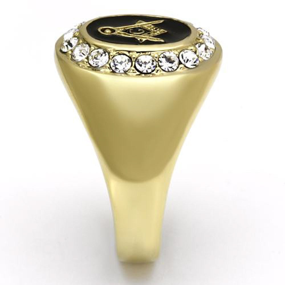 Men's Stainless Steel 14k Gold I.P. Crystal Masonic Freemason Ring Band Sz 8-13