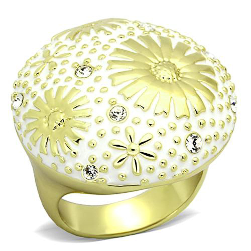 14K GOLD ION PLATED STAINLESS STEEL 316L CRYSTAL &  EPOXY DOME RING WOMEN'S SIZE 5-10