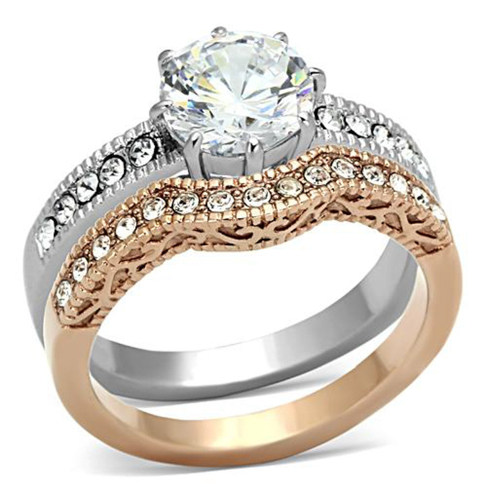 ARTK966 Stainless Steel 2.80 Ct Round Cut Zirconia Rose Gold IP Wedding Ring Set Sz 5-10