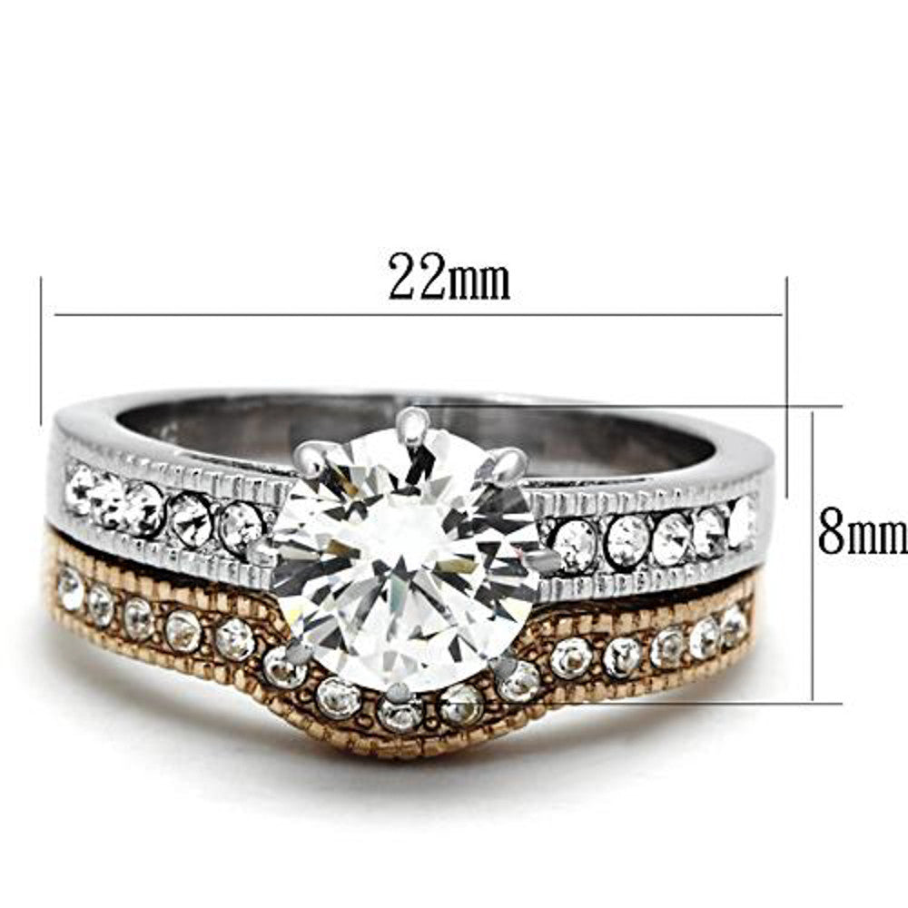 ARTK966 Stainless Steel 2.80 Ct Round Cut Zirconia Rose Gold IP Wedding Ring Set Sz 5-10