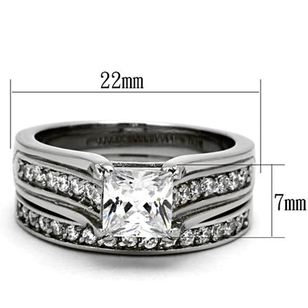 ARTK969 Stainless Steel 316 Princess Cut Zirconia Wedding Ring Band Set Women's Sz 5-11