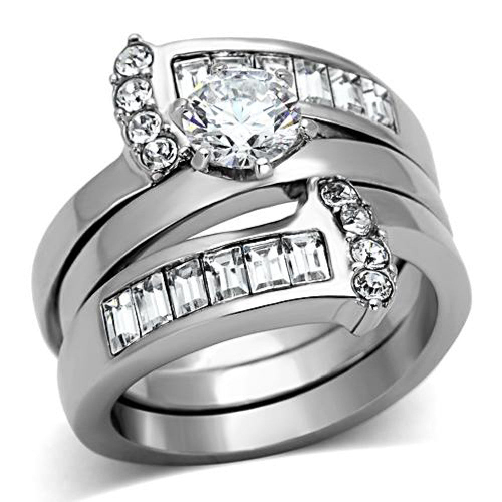 Women's Round Cut Silver Stainless Steel AAA CZ Wedding Ring Band Set Size 5-10