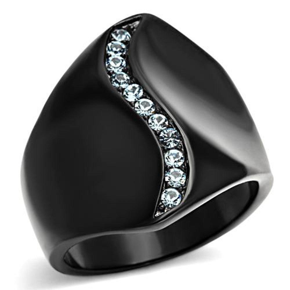 Stainless Steel Women's Aquamarine Crystal Black Wide Band Fashion Ring Sz 5-10