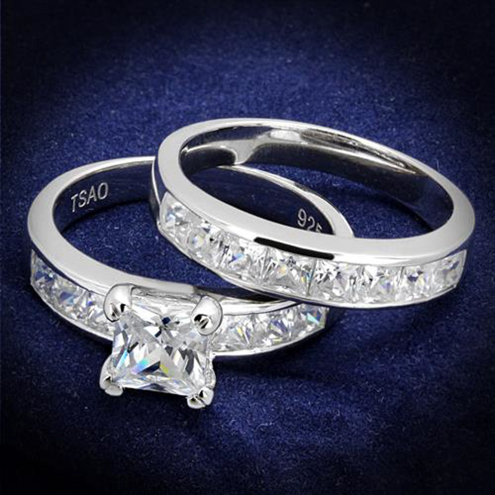 Princess Cut Cubic Zircoina .925 Sterling Silver Rhodium Plated Wedding Ring Set