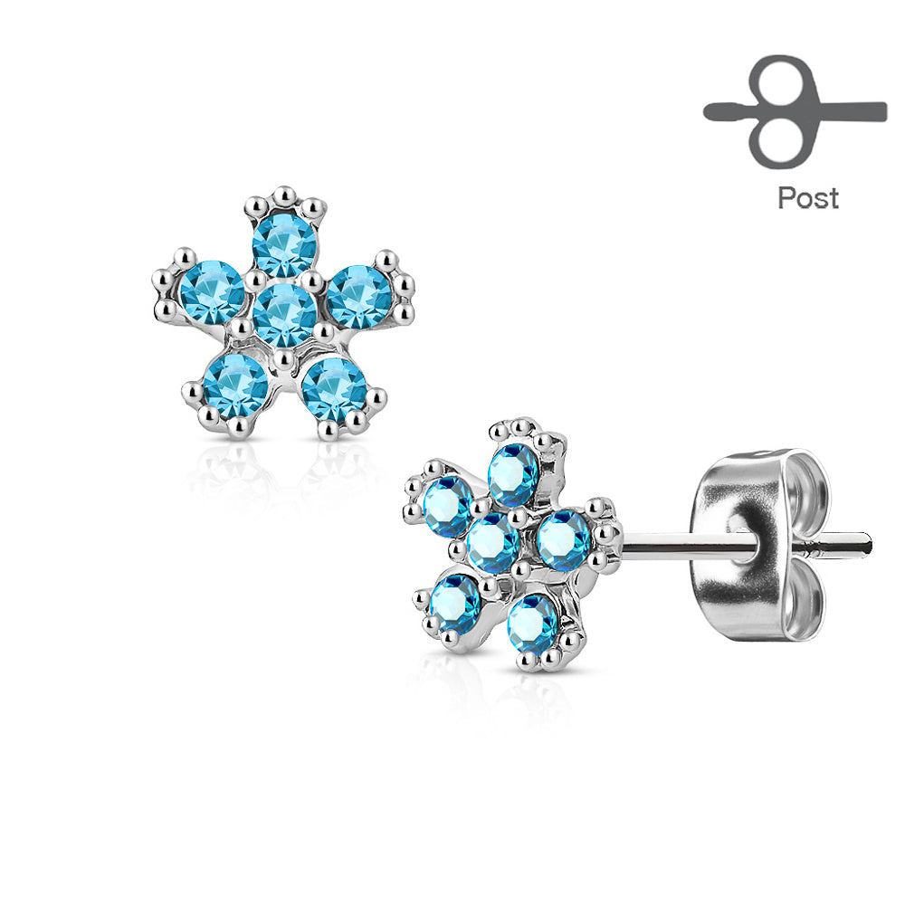 MJ-EA-015 Pair of 6 CZ Flower 316L Surgical Steel Post Earring Studs