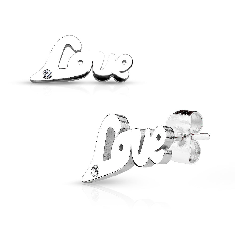 MJ-SE2493 Love with Clear gem 316L Stainless Steel Earring Studs Pair