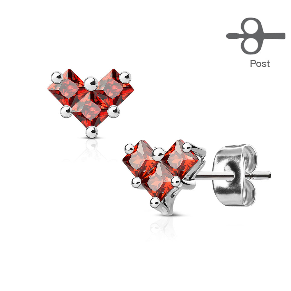 MJ-EA-014 Pair of 3 Square CZ Heart 316L Surgical Steel Post Earring Studs