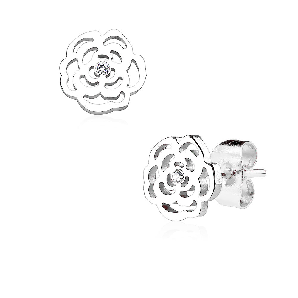 MJ-SE2513 Rose Blossom with Crystal 316L Stainless Steel Earring Studs Pair