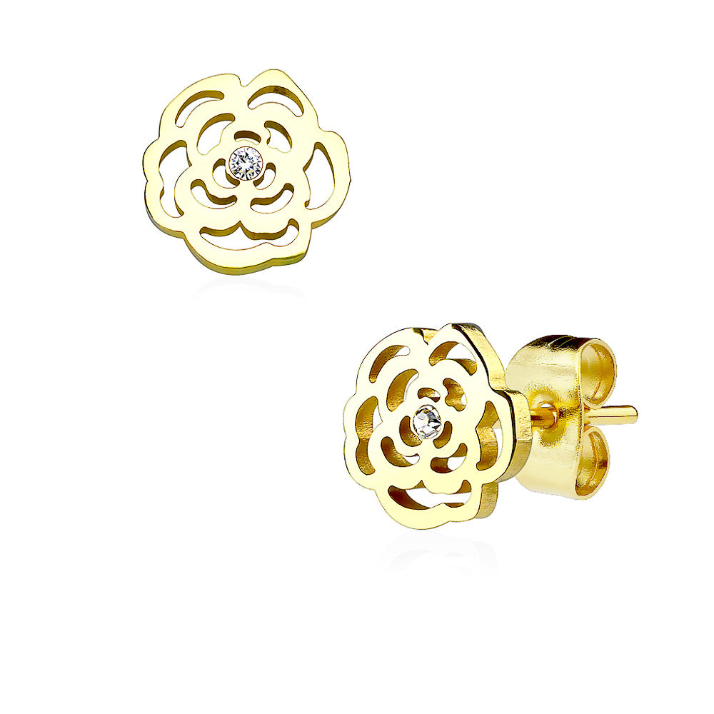 MJ-SE2513 Rose Blossom with Crystal 316L Stainless Steel Earring Studs Pair