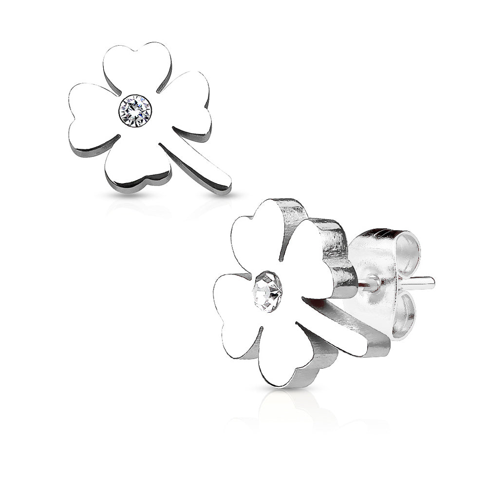 MJ-SE2489 Shamrock with Crystal Center 316L Stainless Steel Earring Studs Pair