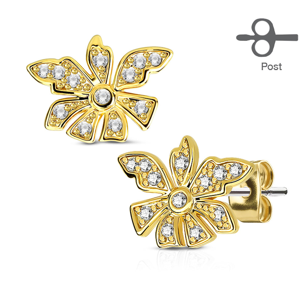 MJ-EA-004 Pair of Micro Pave CZ Flower 316L Surgical Steel Post Earring Studs