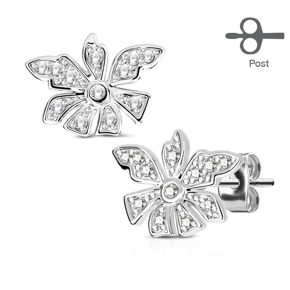 MJ-EA-004 Pair of Micro Pave CZ Flower 316L Surgical Steel Post Earring Studs