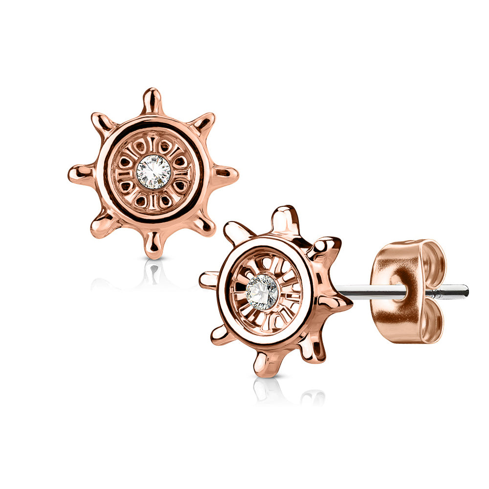 MJ-EA-023 Pair of CZ Centered Yacht Wheel 316L Surgical Steel Post Earring Studs