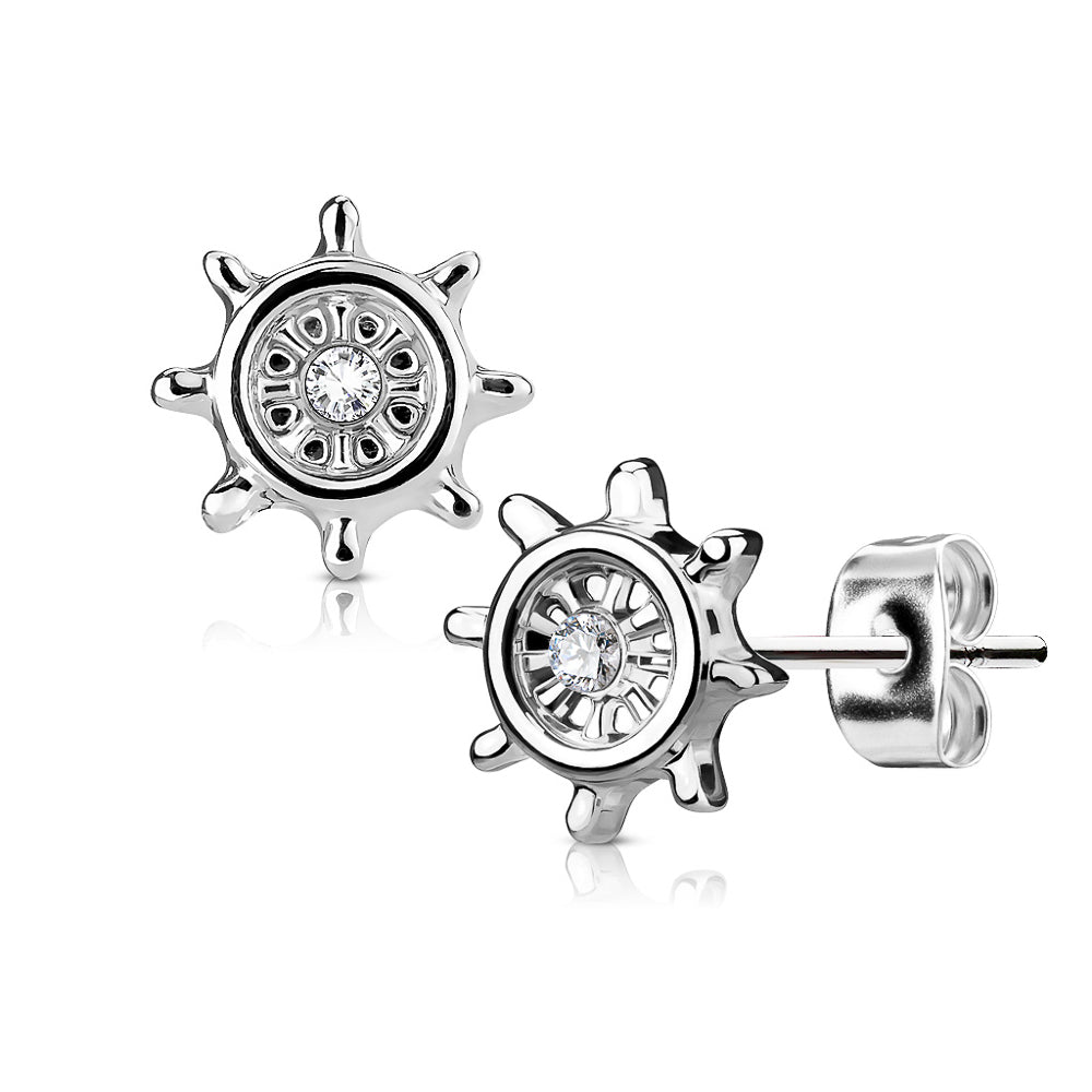 MJ-EA-023 Pair of CZ Centered Yacht Wheel 316L Surgical Steel Post Earring Studs