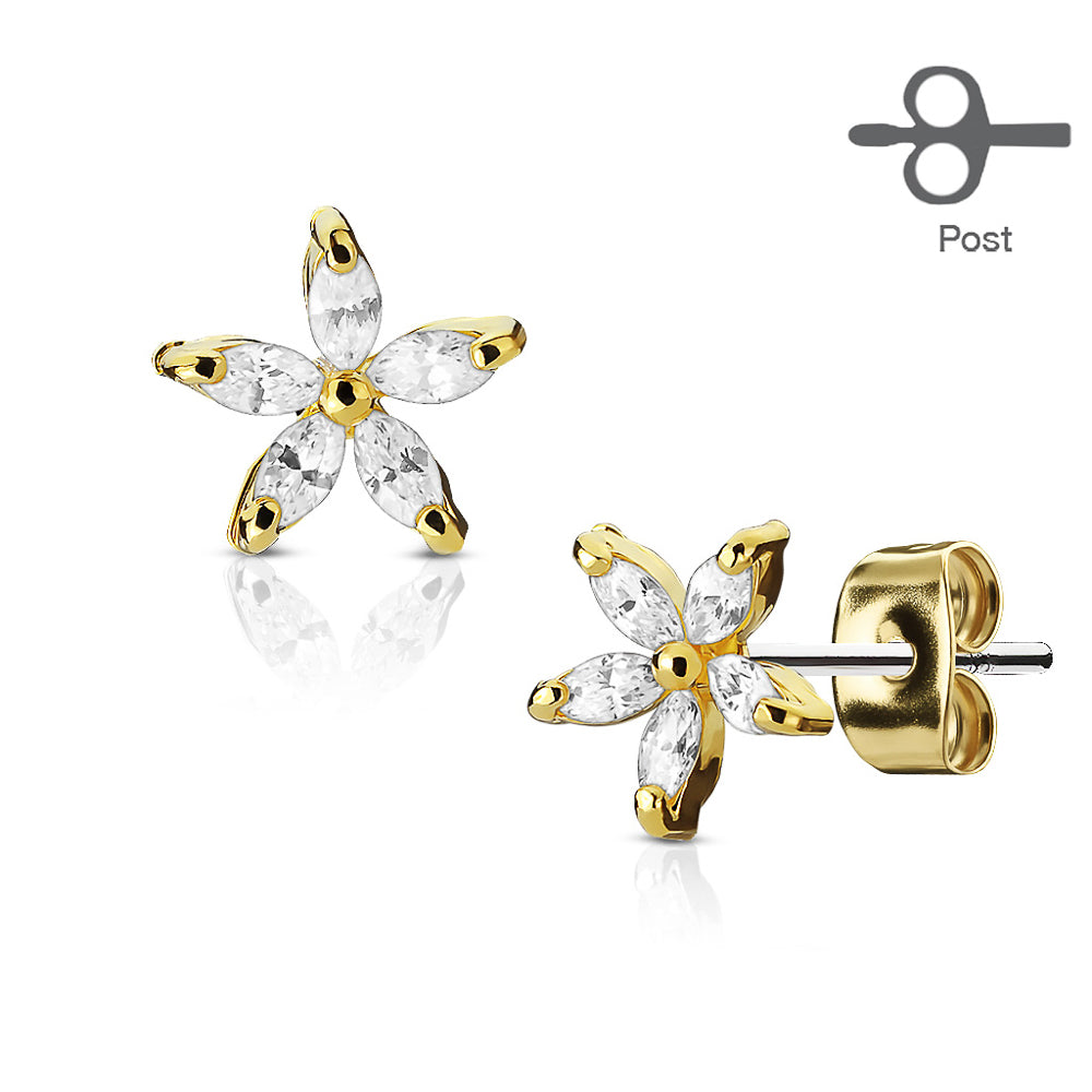 MJ-EA-021 Pair of 5 Marquise CZ Petal Flower 316L Surgical Steel Post Earring Studs