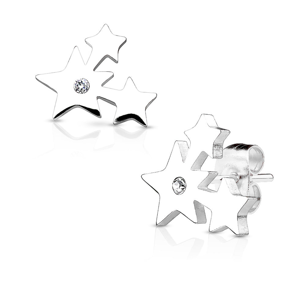 MJ-SE2504 Three Cluster Stars with Crystal 316L Stainless Steel Earring Studs Pair