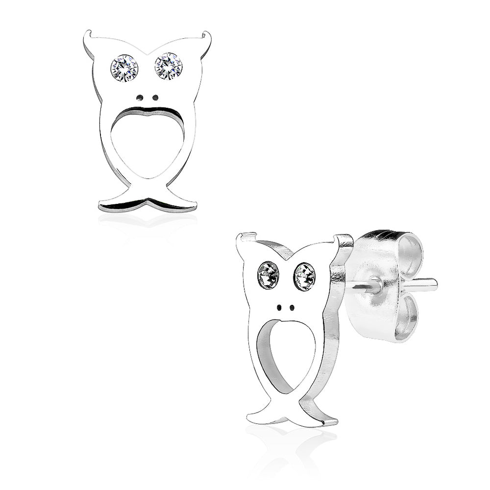 MJ-SE2515 Owl with Crystal Eyes 316L Stainless Steel Earring Studs Pair