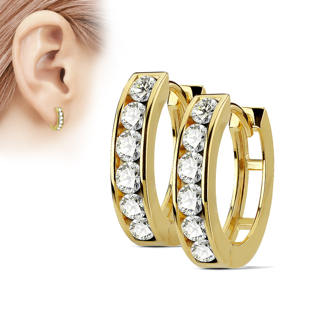 MJ-EB-004 Pair of Channel Set Lined CZ 316L Surgical Steel Post Hoop Earrings