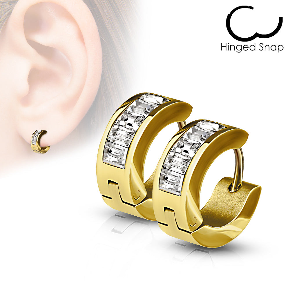 MJ-SE7078 Pair of Lined Square Gems Set Front Stainless Steel Hoop/Huggie Earrings