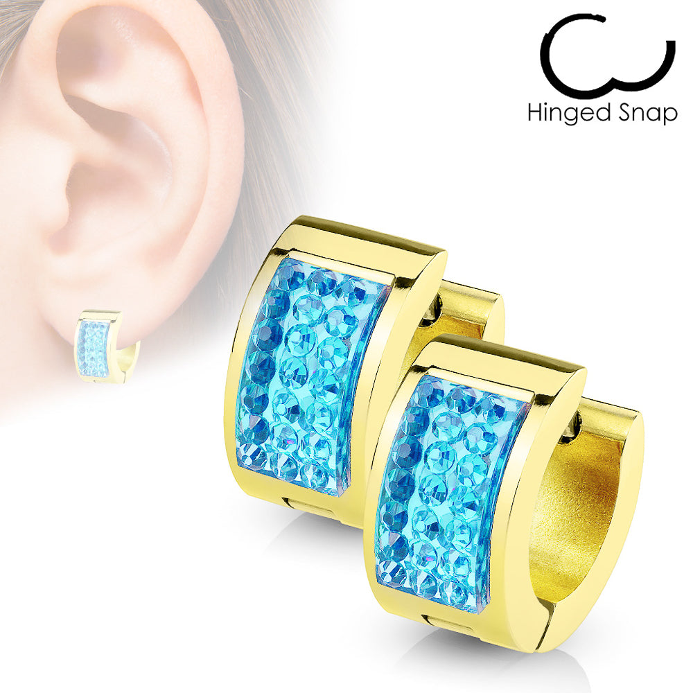 MJ-SE7079 Square Crystal Paved IP Gold over Stainless Steel Hoop Huggie Earring