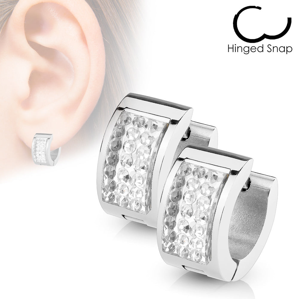 MJ-SE7077 Pair of Square Crystal Set Stainless Steel Hoop/Huggie Earrings