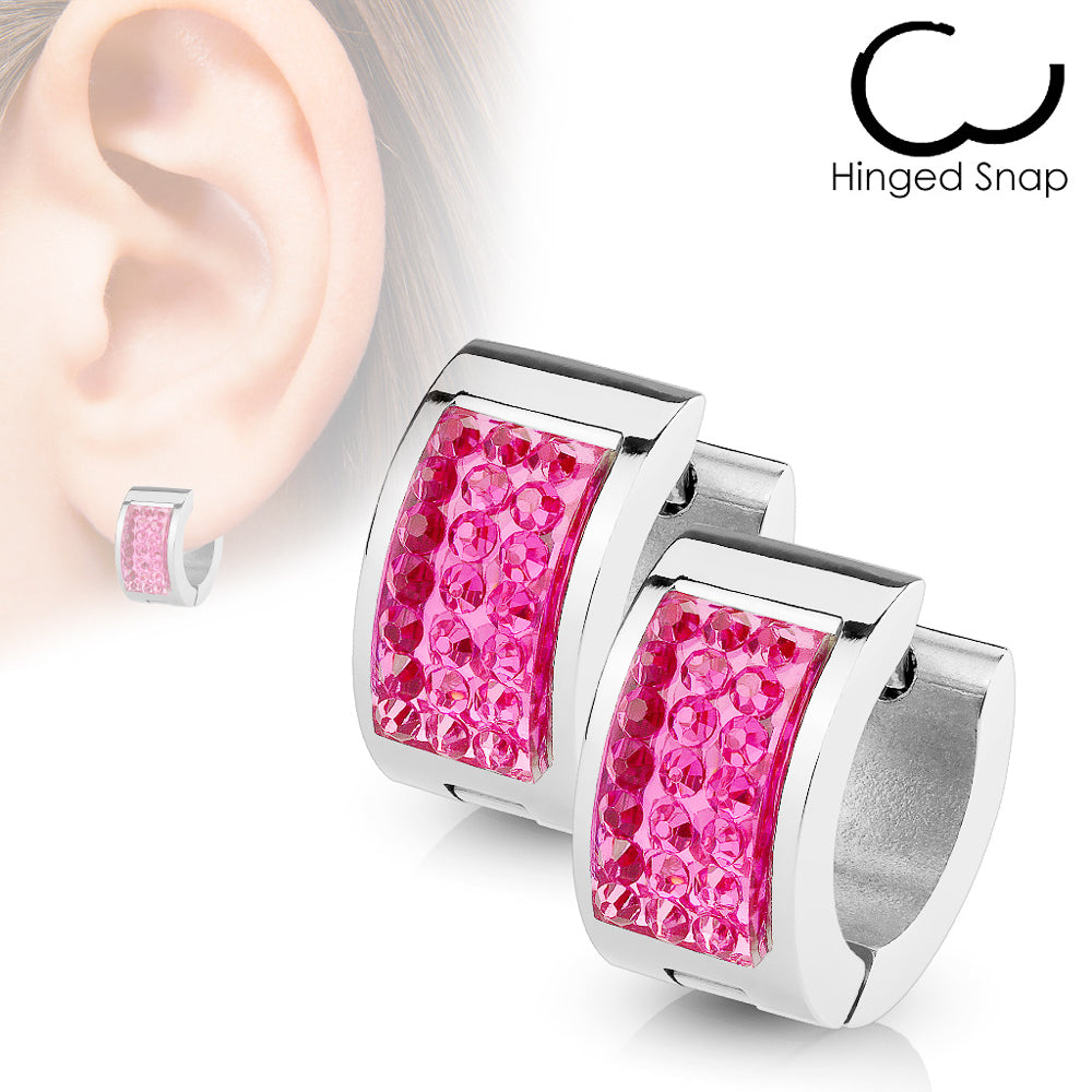 MJ-SE7077 Pair of Square Crystal Set Stainless Steel Hoop/Huggie Earrings