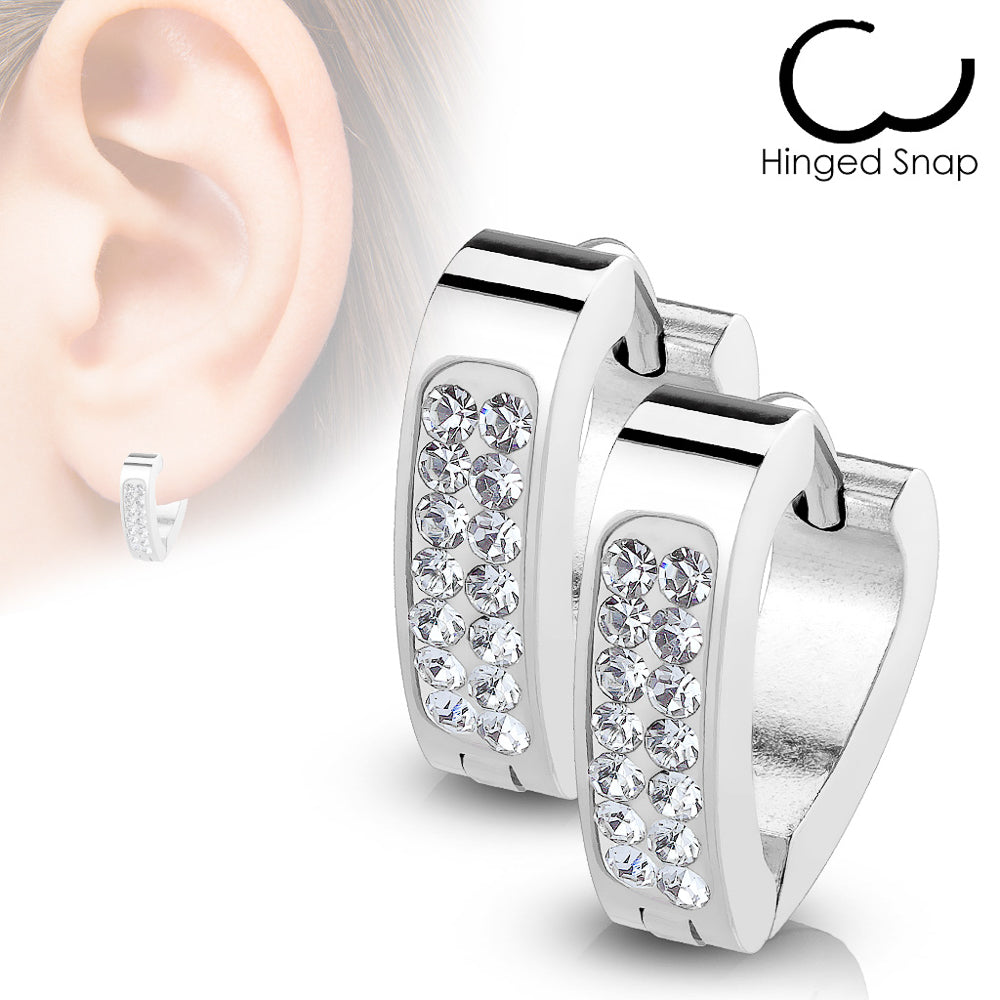 MJ-SE7087 Pair of Clear Crystal Paved Triangle Shape Stainless Steel Hoop/Huggie Earrings