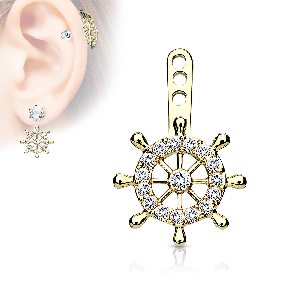 MJ-ED-041 Ship Wheel CZ Paved Helm Earring Jacket / Cartilage Stud Add on Dangle