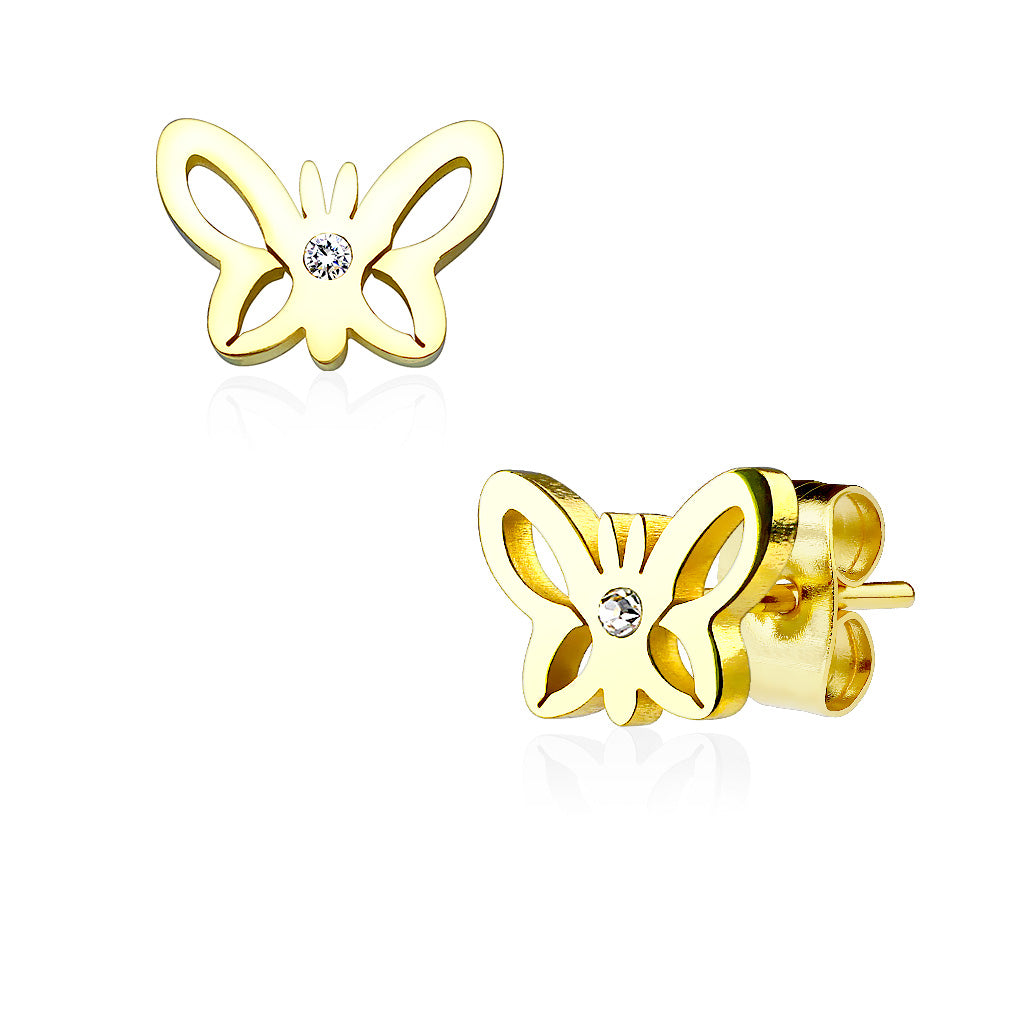 MJ-SE2514 Hollow Butterfly with Crystal Center 316L Stainless Steel Earring Studs Pair