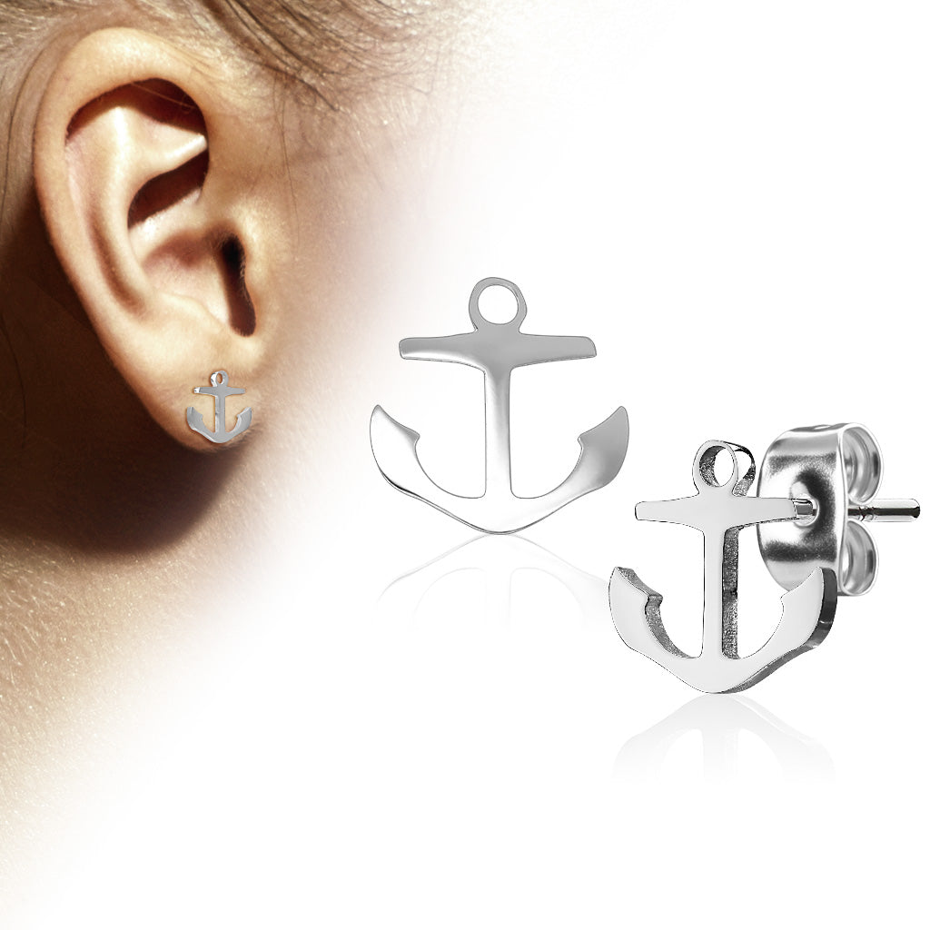 MJ-SE3293 Pair of Hand Polished Anchor 316L Stainless Steel Earring Studs