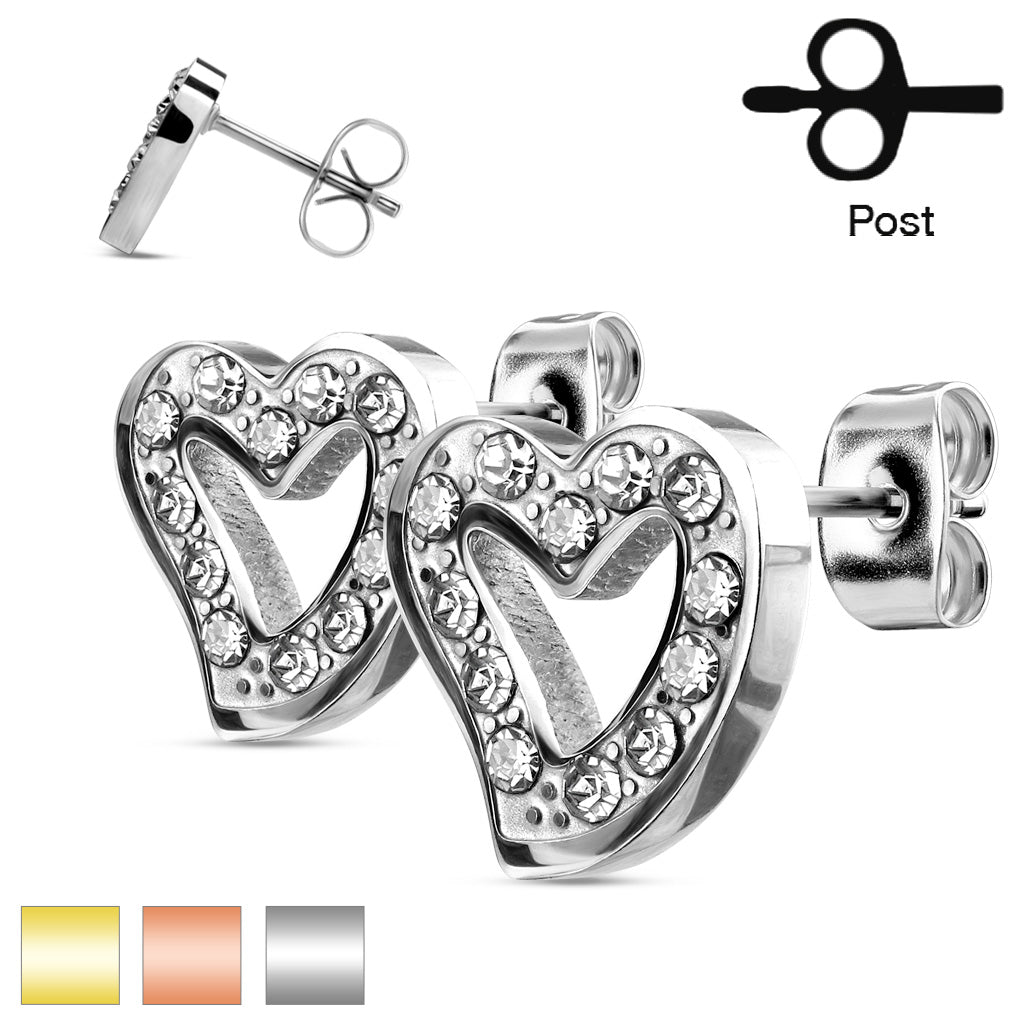 MJ-SE3041 Pair of CZ Paved Hollow Heart Stainless Steel Stud Earrings