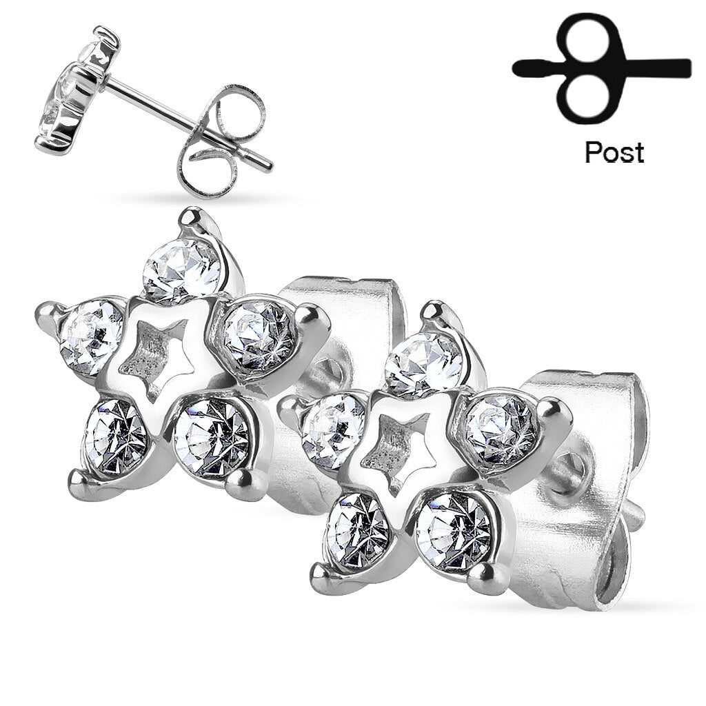 MJ-SE3038 Pair of 5 CZ Set Star Stainless Steel Stud Earrings