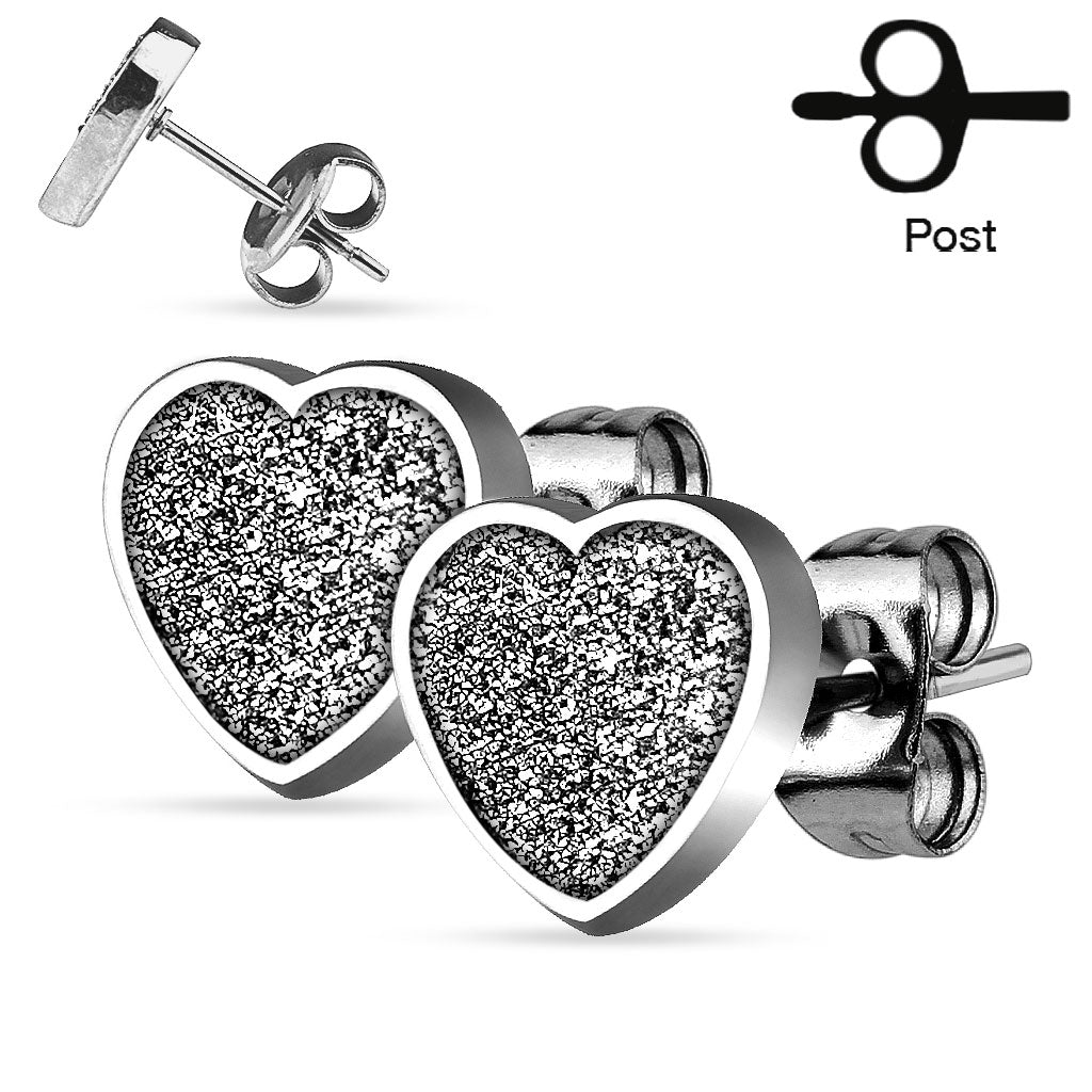 MJ-SEZHT Pair of 316L Stainless Steel Heart Sand Glitter Stud Earrings