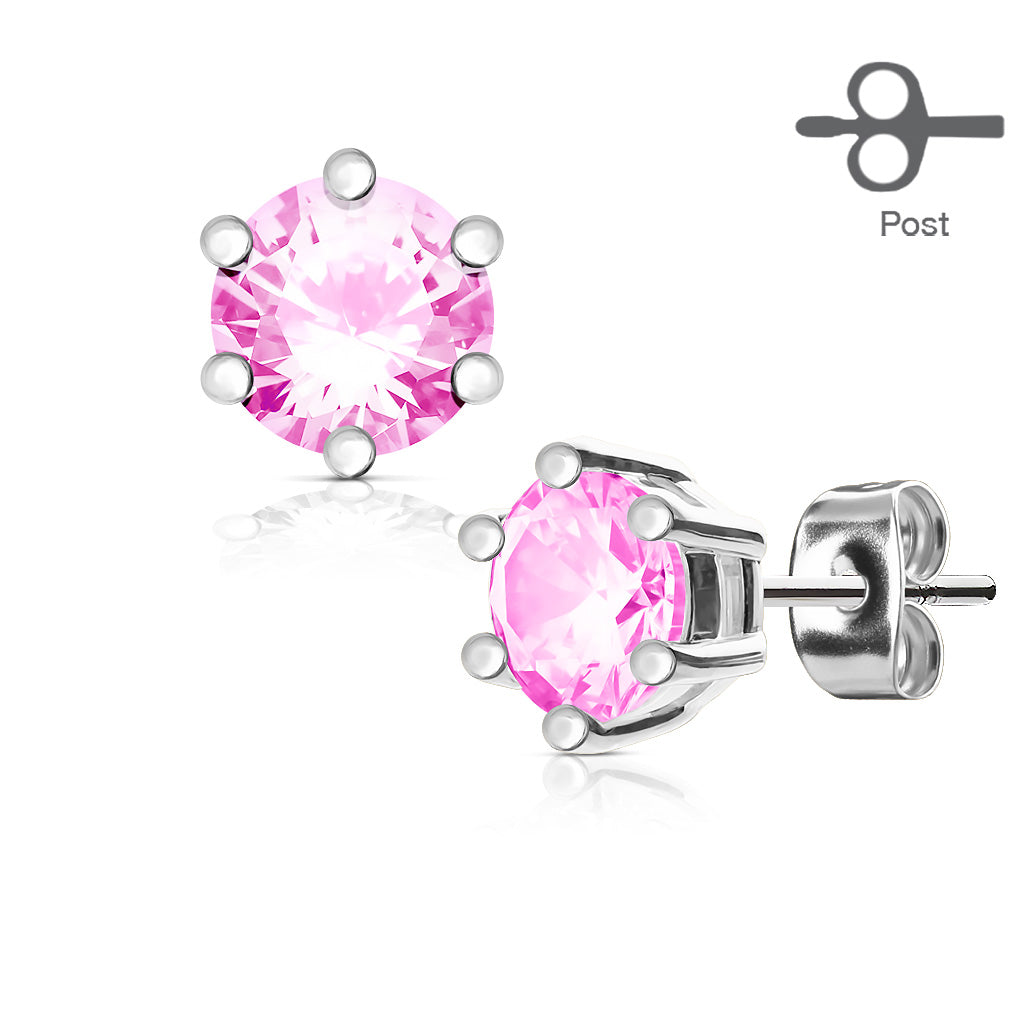 MJ-EA-001 Pair of 6 Prong Set CZ 316L Surgical Steel Post Ear Stud Rings